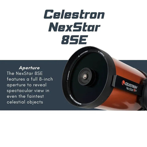 Close-up of NexStar 8SE Computerized Telescope Bundle With 8-Inch Schmidt-Cassegrain Optics showcasing aperture details.