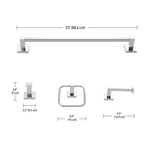 Yorke 5-Piece All-In-One Bathroom Set with dimensions, including towel bar, towel ring, robe hook, and toilet paper holder.