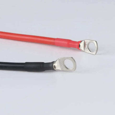10AWG 50A Battery Cable With Quick Connectors For LiFePO4 Power, M8 Terminal, 12V DC High Current Lead Wire For Boat And RV, Durable Silver Plated Copper Terminals For Safe, Efficient Charging And Easy Hookup. Red and black 10AWG battery cable with M8 ring terminals