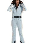 Women Slim Fit One Piece Ski Suit Insulated Snow Jumpsuit Waterproof Windproof Winter Sports Gear Warm Light Blue Size S
