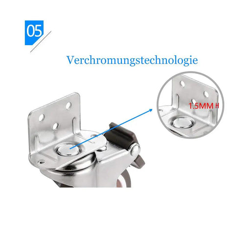 Close-up of Set Of 4 L Shaped Silent Swivel Casters With 360 Degree Rotation And TPE Rubber Wheels For Furniture chrome plating
