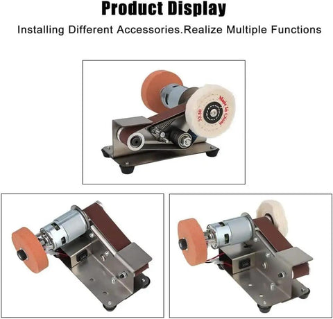 Stainless Steel Electric Belt Sander Grinder Machine With Adjustable Work Table Shockproof Feet For Abrasive Polishing Knife Making DIY Projects Versatile Desktop Polishing Tool shown from various angles with belt and wheels.