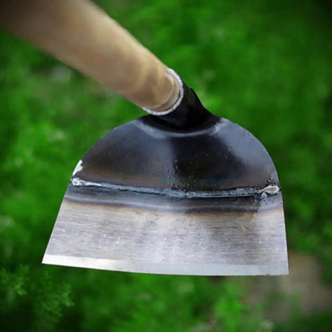 Heavy Duty Garden Hoe Tool With Solid Manganese Steel Blade for Weeding, shown against a green garden background.