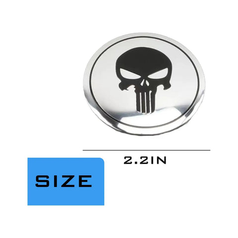 Four Piece Heavy Duty Aluminum Hub Center Cap Decals Featuring Dope Tusked Skull Art For Clean Wheel Cover Stickers That Slap Onto Most Standard Rims Smoothly, 2.2 inch shiny skull design.