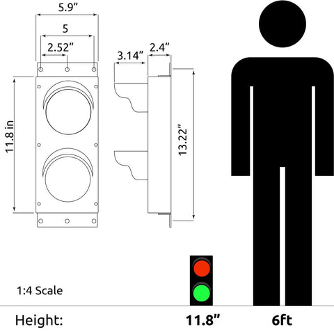 Heavy Duty Led Two Section Loading Dock Bay Traffic Light With Kick Ass Bright Red And Green Signals IP65 Weatherproof Aluminum Housing Easy Hook Up Design dimensions with figure for scale.