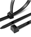 Close-up of Heavy Duty 12 Inch Outdoor Wire Zip Ties 0.3 Inch Wide 100 Pack Black UV Resistant Nylon 66 Zipties with lock mechanism.