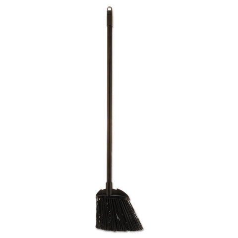 Solid Compact Lobby Broom With Smooth Vinyl Handle And Matte Black Trim For No Fuss One Handed Sweeping On Polished Indoor Floors Clean Sweep Janitorial Gear That Flawlessly Clears Debris, 35 Inch length, black bristles.
