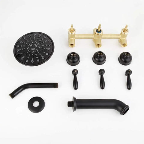 Matte Black 3 Handle Tub And Shower Faucet Set With 6 Spray Shower Head Solid Brass High Flow Waterfall Tub Filler Tub Spout And Trim Kit With Valve Easy Install Bathroom Mixer components on white background