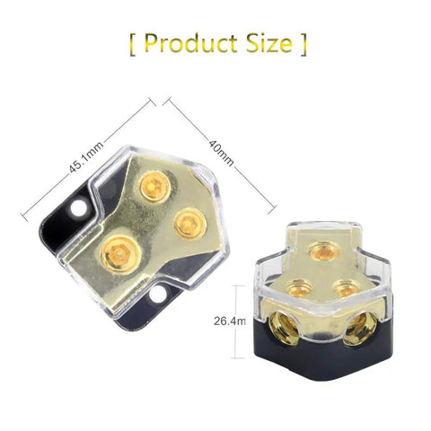 Two Way Car Audio Power Distribution Block With 0 2 4 AWG In And 4 8 10 AWG Out Copper High Performance Block With High Temp Plastic Cover Beefy Amp Splitter For Automotive RV ATV Boat And Marine Audio Systems product size 45.1mm x 40mm x 26.4mm