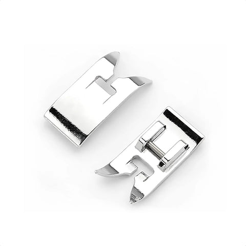 Two silver metal universal presser feet for domestic sewing machines; zigzag and straight stitch, snap-on