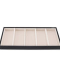 Straight Up Five Grid Leather Glasses Organizer Case That Handles Your Go To Shades Sunglasses And Wrist Watches In Total Ease While Keeping Every Personal Accessory Dead Clean On Desk Tops Or Vanities. Black leather five-compartment tray with soft lining.
