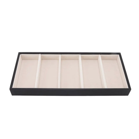 Straight Up Five Grid Leather Glasses Organizer Case That Handles Your Go To Shades Sunglasses And Wrist Watches In Total Ease While Keeping Every Personal Accessory Dead Clean On Desk Tops Or Vanities. Black leather five-compartment tray with soft lining.