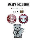 Contents of Interactive Transistor Cat Soldering Kit for Beginners and Teens, including cat-shaped PCB, transistor, and components.