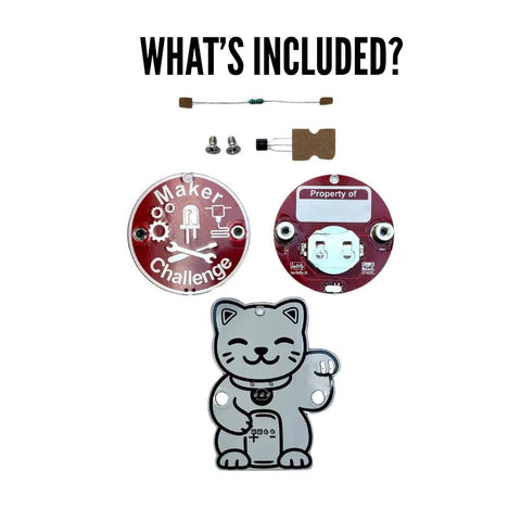 Contents of Interactive Transistor Cat Soldering Kit for Beginners and Teens, including cat-shaped PCB, transistor, and components.
