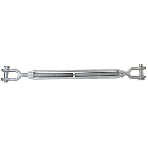 Heavy Duty Hot Dip Galvanized Jaw Jaw Turnbuckle 1 1/4 X 24 Inch 15200 Lbs Working Load Limit angled view on white background.
