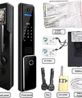 Rock Solid Smart Digital Door Lock With Lightning Fingerprint Scan Pin Code Input Slick Smartphone Control Heavy Duty Aluminum Body Effortless Auto Locking and Quick Key Backup For Sweet Home Security Upgrade with installation accessories and components.