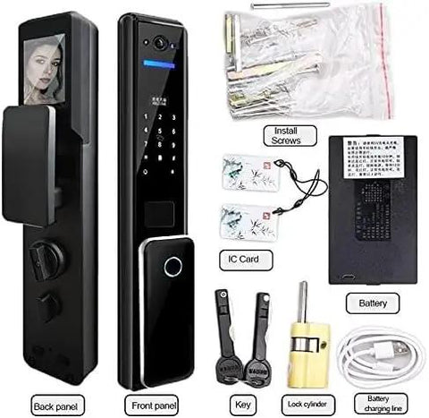 Rock Solid Smart Digital Door Lock With Lightning Fingerprint Scan Pin Code Input Slick Smartphone Control Heavy Duty Aluminum Body Effortless Auto Locking and Quick Key Backup For Sweet Home Security Upgrade with installation accessories and components.