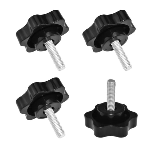 Four black star-shaped plastic hand knobs with M6 x 20mm threaded studs for umbrella base replacement.