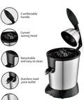 350W Electric Citrus Juicer Lemon Squeezer With Stainless Steel Two Way Press And Ergonomic Hinge Design For Fast Orange Juice Extraction 400Ml Capacity, showing curved juicing head and comfortable handle.