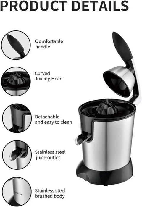 350W Electric Citrus Juicer Lemon Squeezer With Stainless Steel Two Way Press And Ergonomic Hinge Design For Fast Orange Juice Extraction 400Ml Capacity, showing curved juicing head and comfortable handle.