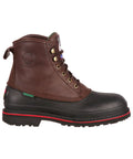MudDog Waterproof Steel Toe Work Boot For Men Dark Chocolate Size 10 M with gusset tongue visible from side angle.