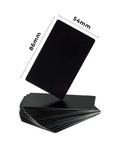 Stack of 0.8mm Thick Aluminum Metal Cards For Laser Engraving, Black 86 X 54 Mm, 26 Pack, showing size dimensions.