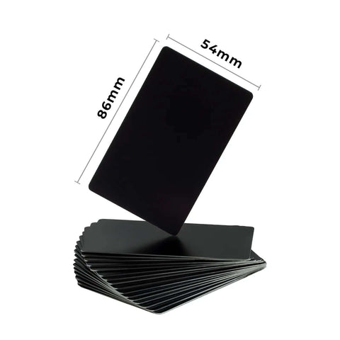 Stack of 0.8mm Thick Aluminum Metal Cards For Laser Engraving, Black 86 X 54 Mm, 26 Pack, showing size dimensions.