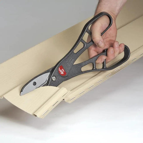 Workhorse 14 Inch Aluminum Snips For Circle And Straight Cuts cutting beige sheet metal with large handle loops and sleek head