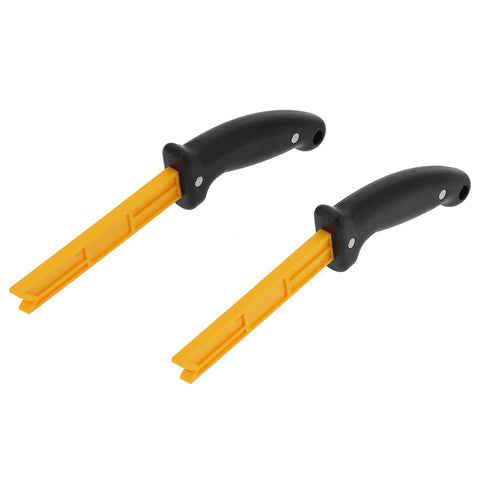 Heavy Duty Magnetic Woodworking Push Stick Set With Super Grippy Handle And Strong Magnet For Metal Rack Storage On Table Saws Band Saws And Jointers Keeps Your Knuckles Safe Through The Daily Grind - Two yellow ABS push sticks with black handles.