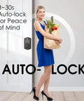 Slick Keyless Entry Door Lock With Electronic Keypad on a door, featuring woman with groceries in a blue dress, showing automatic locking.