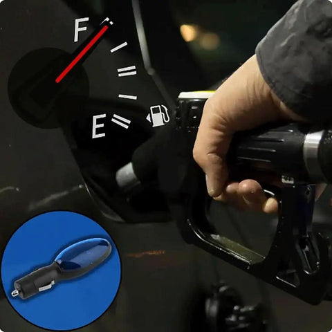 Plug And Play Fuel Saver Kit For Car And Truck Set Of Five Drives Farther And Boosts MPG Saves You Cash On Gas With Easy Install Performance Booster For Daily Commutes And Long Road Trips, shown next to a fuel gauge and car being refueled.