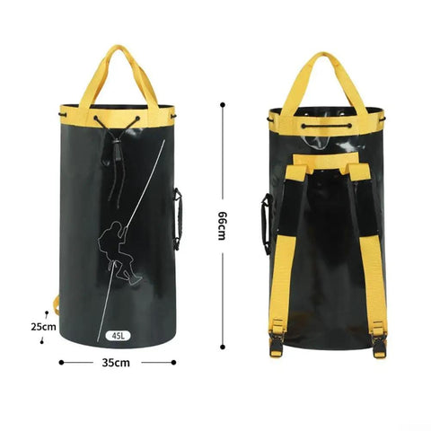 Front and back view of 55L Waterproof Climbing Rope Bag Backpack With Drawstring Closure Heavy Duty Rope Carrier