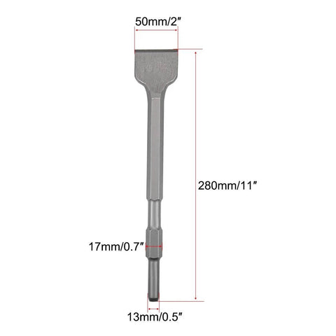Masonry scraping chisel with 50mm blade and hex shank, 280mm overall length.