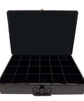 Heavy Duty 24 Compartment Black Metal Drawer Storage Box With Removable Tray, Locking Latch And Cushioned Easy Grip Handle, Industrial Steel Construction
