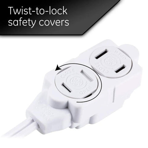 Twist-to-lock safety covers on Three Outlet Extension Cord 15 Ft Power Strip 2 Pack White UL Listed with safety covers.