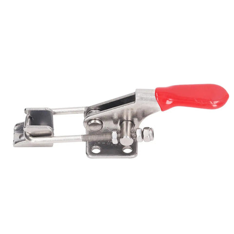 Heavy Duty 304 Stainless Steel Toggle Clamp With Strong Holding Latch Buckle for secure assembly and welding, showing red handle.