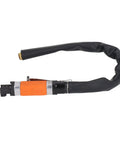Heavy Duty Air Reciprocating File With Three Tungsten Burrs For Slick Deburring And Fast Precision Cutting At 6300 SPM showing tool with orange grip and black hose.