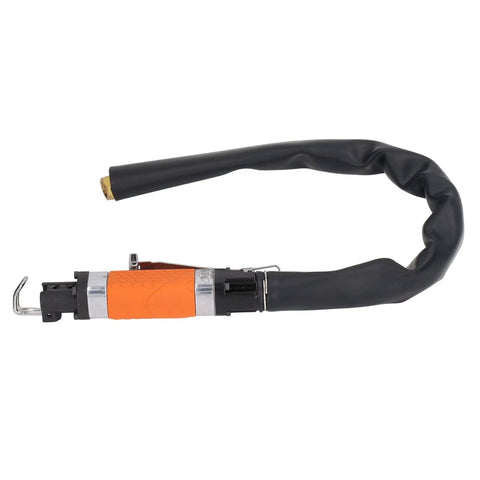 Heavy Duty Air Reciprocating File With Three Tungsten Burrs For Slick Deburring And Fast Precision Cutting At 6300 SPM showing tool with orange grip and black hose.