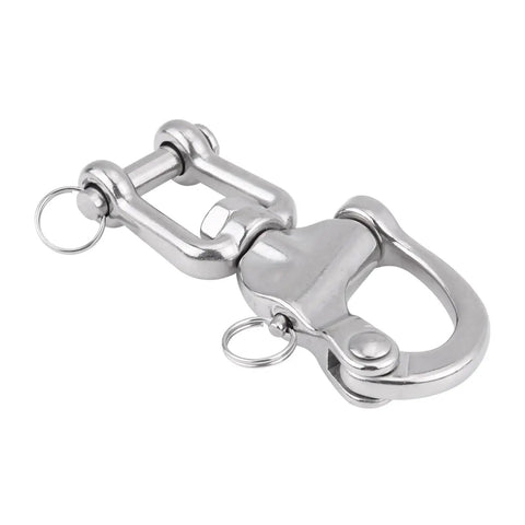 Rock Solid 316 Stainless Steel Swivel Snap Shackle For Sailboat Halyard Rigging and Heavy Duty Marine Hardware with a shiny five inch model.
