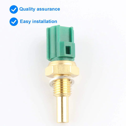 Coolant temperature sensor, close-up view, green connector and brass threaded probe