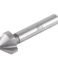 Side view of HSS countersink bit with round shank and 3-flute conical cutter, silver metal.