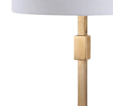Gold Leaf 29-Inch Geometric Column LED Table Lamp With White Linen Drum Shade, Dope Sleek Transitional Iron Desk Lamp For Living Room And Bedroom, UL Listed, LED Bulb Included, close-up of upper column with white shade.