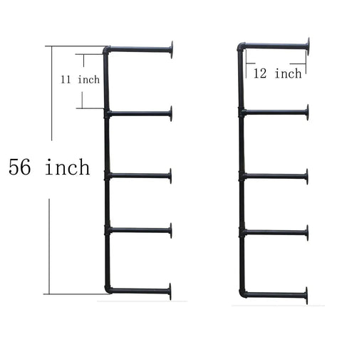 Industrial Wall Mount Pipe Shelves Kit 5 Tier Black Open Shelving Brackets dimensions: 56 inch tall, 12 inch deep, 3/4 inch pipe