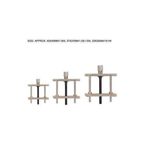 Watch Movement Holder Set Three Piece Metal Base for Repairing Tools, three sizes on display, rust-resistant metal, watchmaker use.