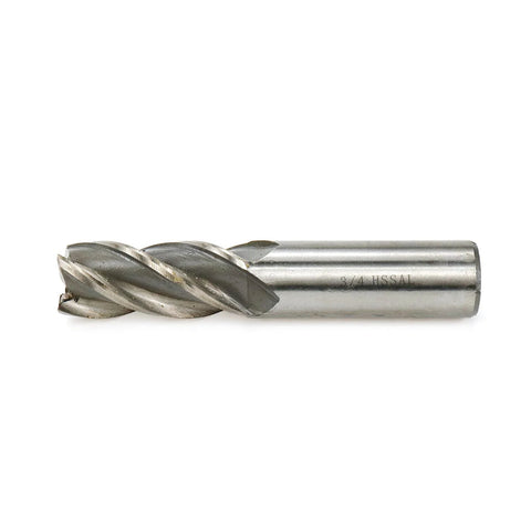 Side view of end mill, 3/4 in dia, 3/4 in shank, HSS, for cutting metal (stainless steel, cast iron)