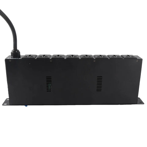 Keep Your Stage Gear Protected With This Rack Mount Power Sequencer Featuring A Slick Digital Display 10 Outlets Us Plug for PA systems, rear view.