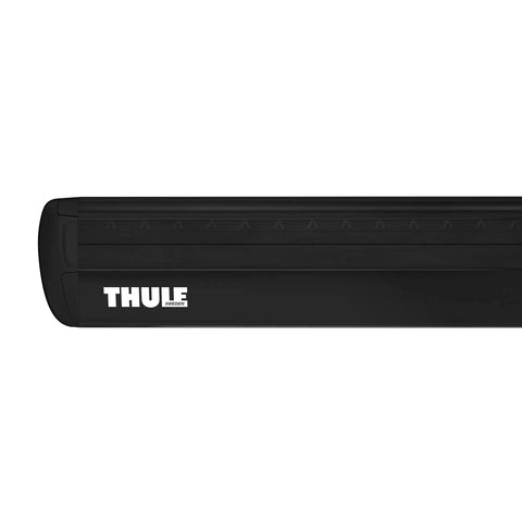 Close-up of WingBar Evo 150 60 Inch Black Roof Rack Crossbars With Wind Diffuser Tech for quieter ride, showing logo.