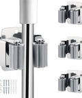 Heavy Duty Stainless Steel Broom And Mop Holder Three Pack Wall Mounted Tool Organizer Rack For Rake And Shovel Handles Easy Install With Screws Silver