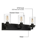 Three Light Matte Black Vanity Light With Seeded Glass Shades For Bathroom, Kitchen, Bedroom, Hallway And Stairs, Slick Modern Wall Mounted Bath Fixture, 23.6 Inch Length, Perfect For Contemporary Homes, featuring metal construction and ST45 bulbs.