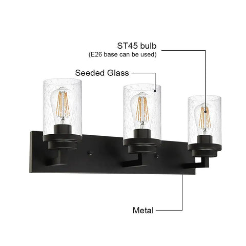 Three Light Matte Black Vanity Light With Seeded Glass Shades For Bathroom, Kitchen, Bedroom, Hallway And Stairs, Slick Modern Wall Mounted Bath Fixture, 23.6 Inch Length, Perfect For Contemporary Homes, featuring metal construction and ST45 bulbs.